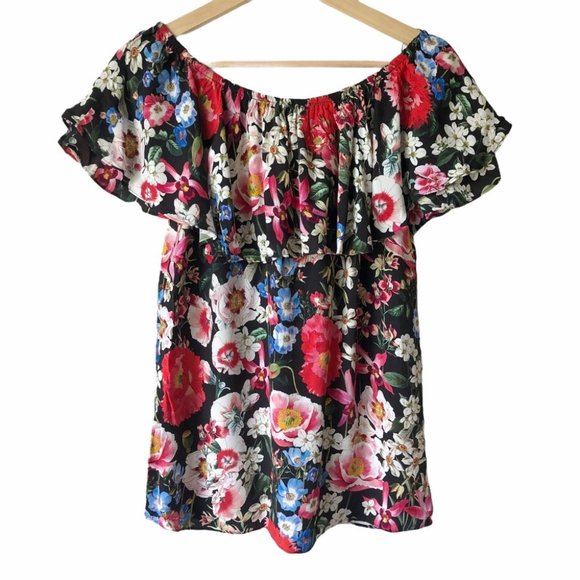 Zara Black Floral Off the Shoulder Ruffle Top XS - Picture 1 of 8